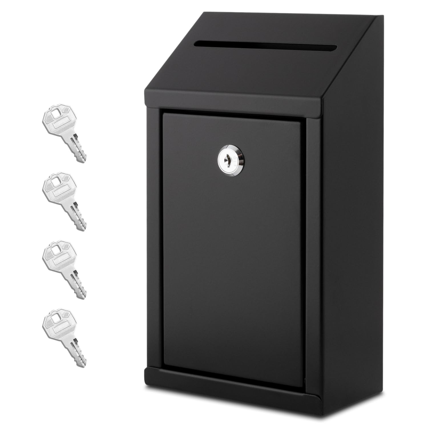EIENHOSHI Metal Donation Box with Lock, Wall 3″D x 5.7″W x 10.25″H, Black