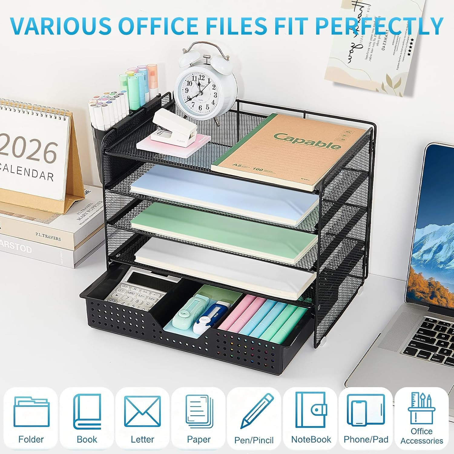 Desk Organizer and Accessories, 5-Tier Paper Letter Tray Organizer with Drawer &