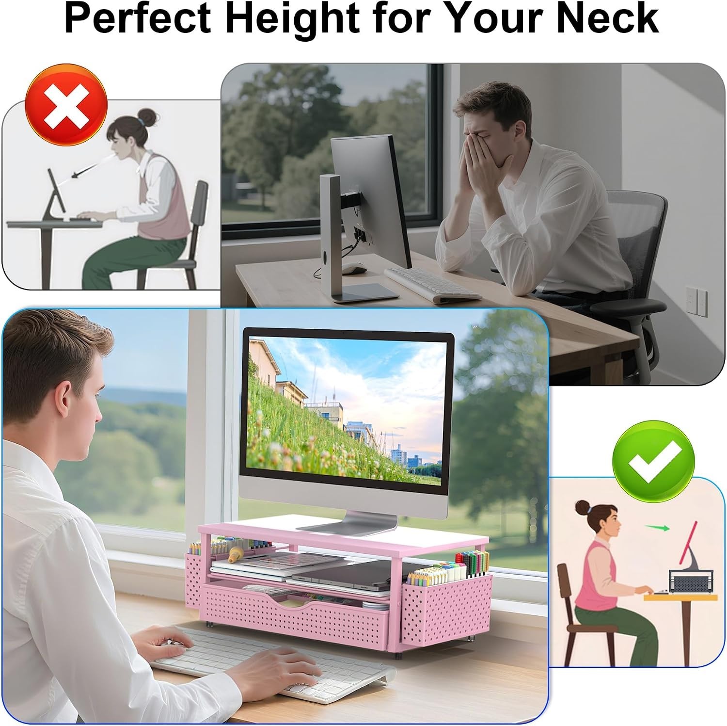 Ergonomic Desk Organizer: Pink Monitor Stand with Space-Saving Drawer & Holders