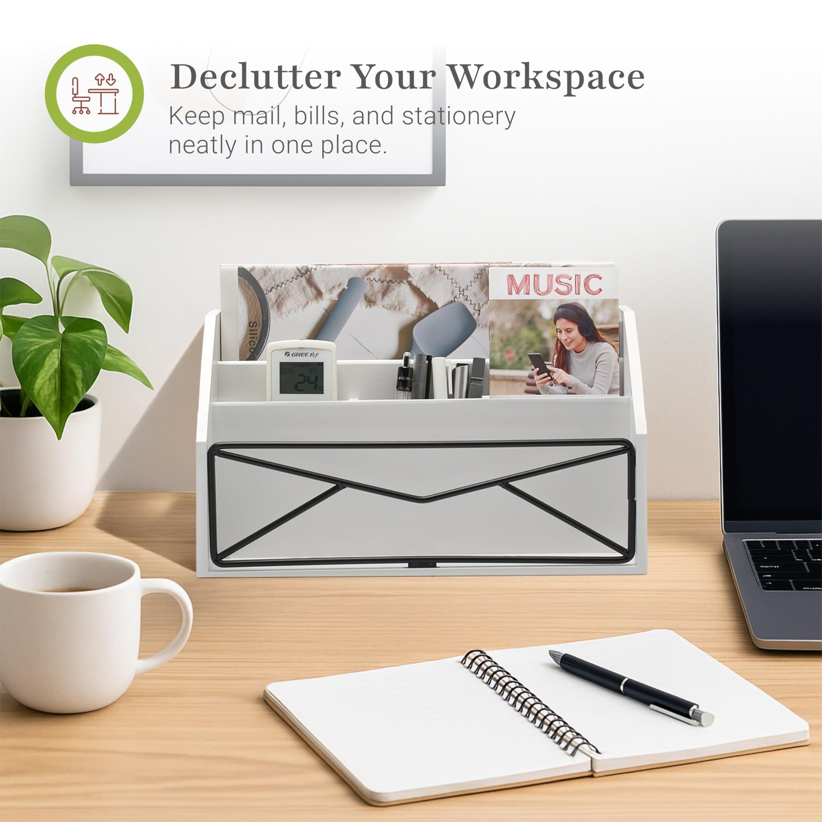 Bamboo Desk Organizer – White Powder-Coated Natural Bamboo Mail Organizer for…