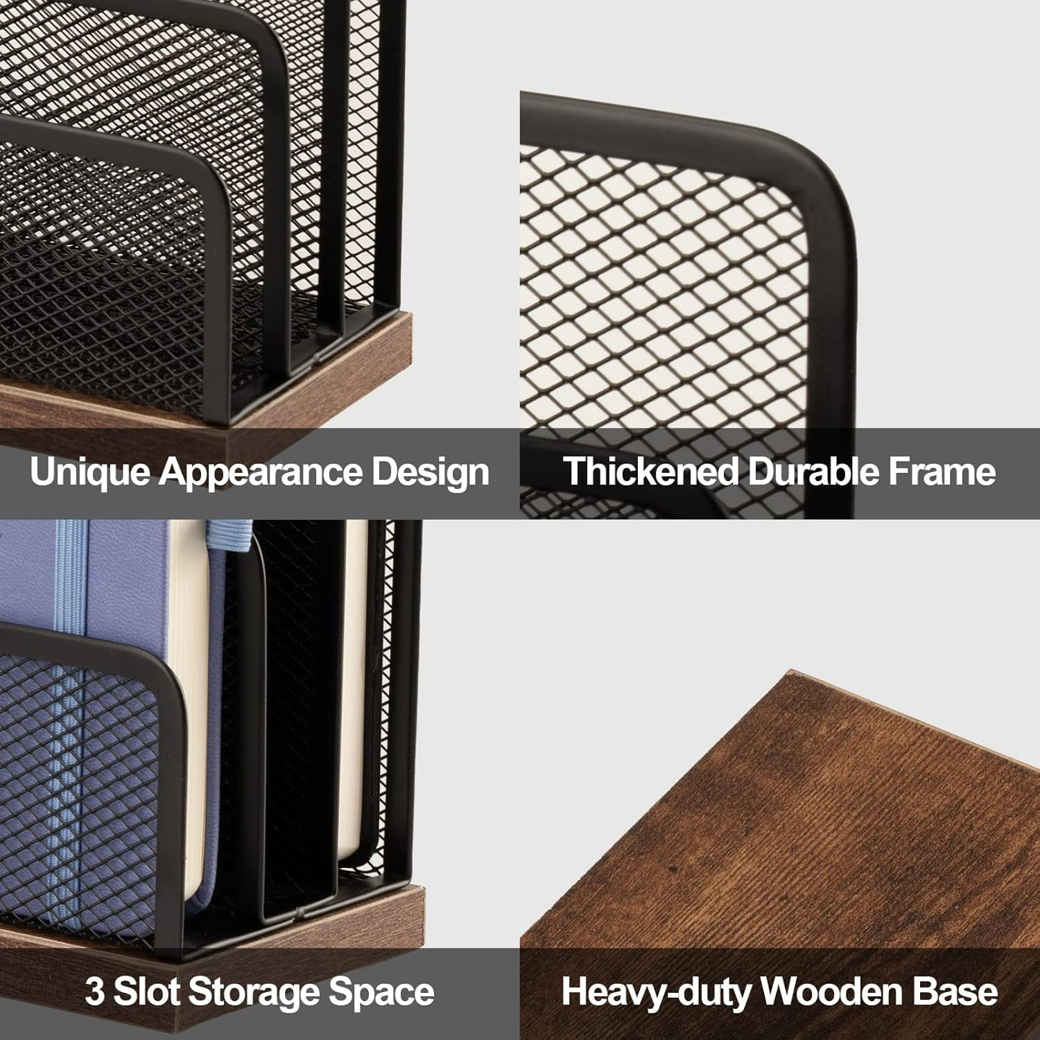 Wooden Desk Mail Organizer, Desktop File Organizer Metal Mesh with 3 Vertical Up