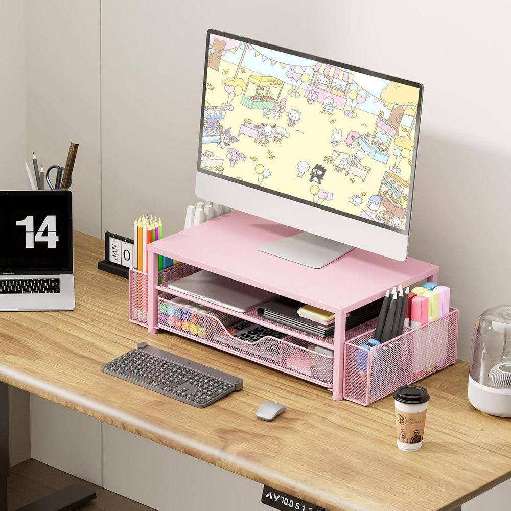 Pink 15.5 In. X 6.3 In. Metal Modern Desk Organizers with Drawer and 2 Pen Holde