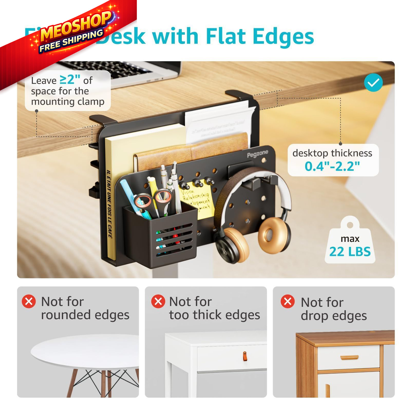 PEGZONE Desk Side Storage Organizer, No Drill 1.8 x 12 x 8.5 inches, Black