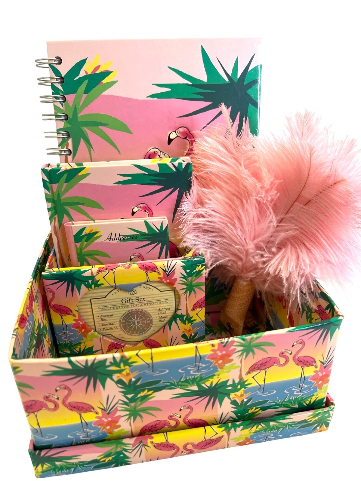 Vintage Flamingo Stationery Desk Gift 7 Pc Set Office Storage Box Journal Pencil