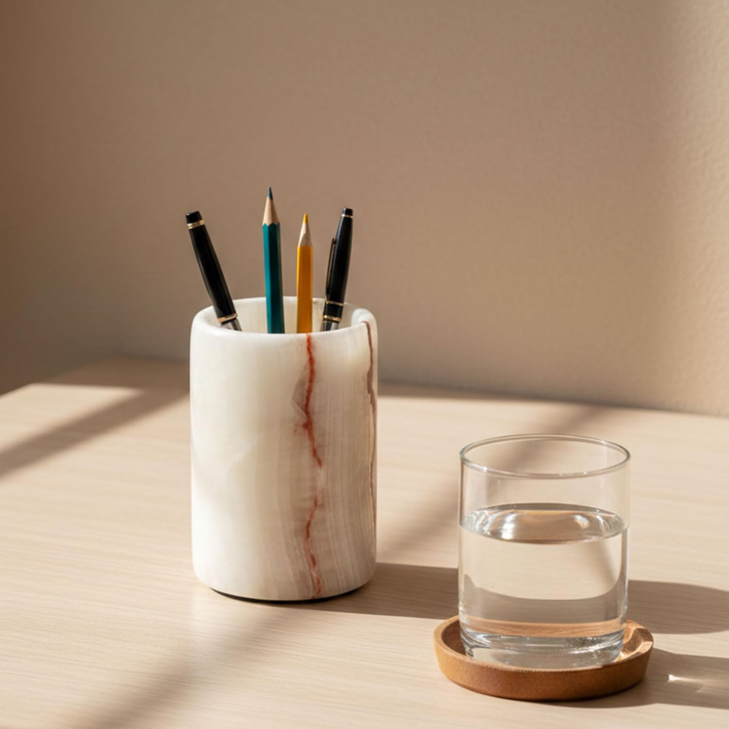 Marble Pen Holder For Desk 4″ Inches White Onyx Handmade Makeup Brush Cup for…