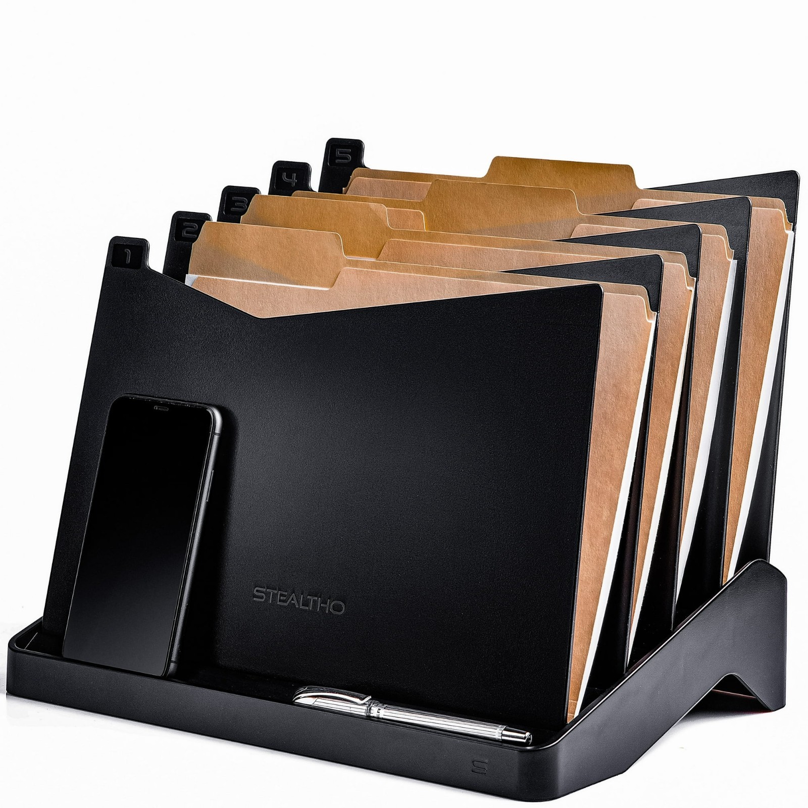 STEALTHO 5-Slot Desk & Wall File Organizer – Black Folder Holder & Paper Sorter