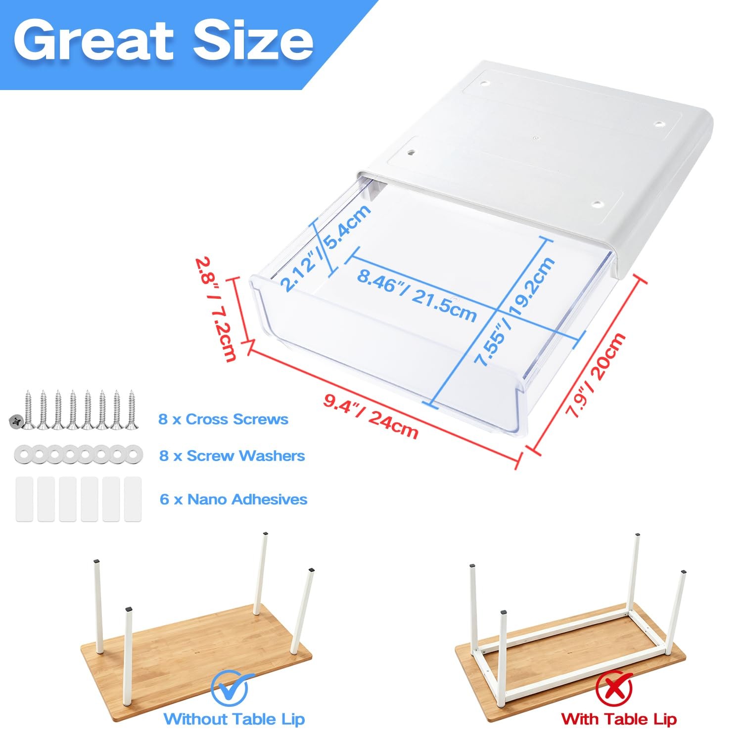 2 PCS White SelfAdhesive Under Desk Drawer Large Slide Out Hidden Tray