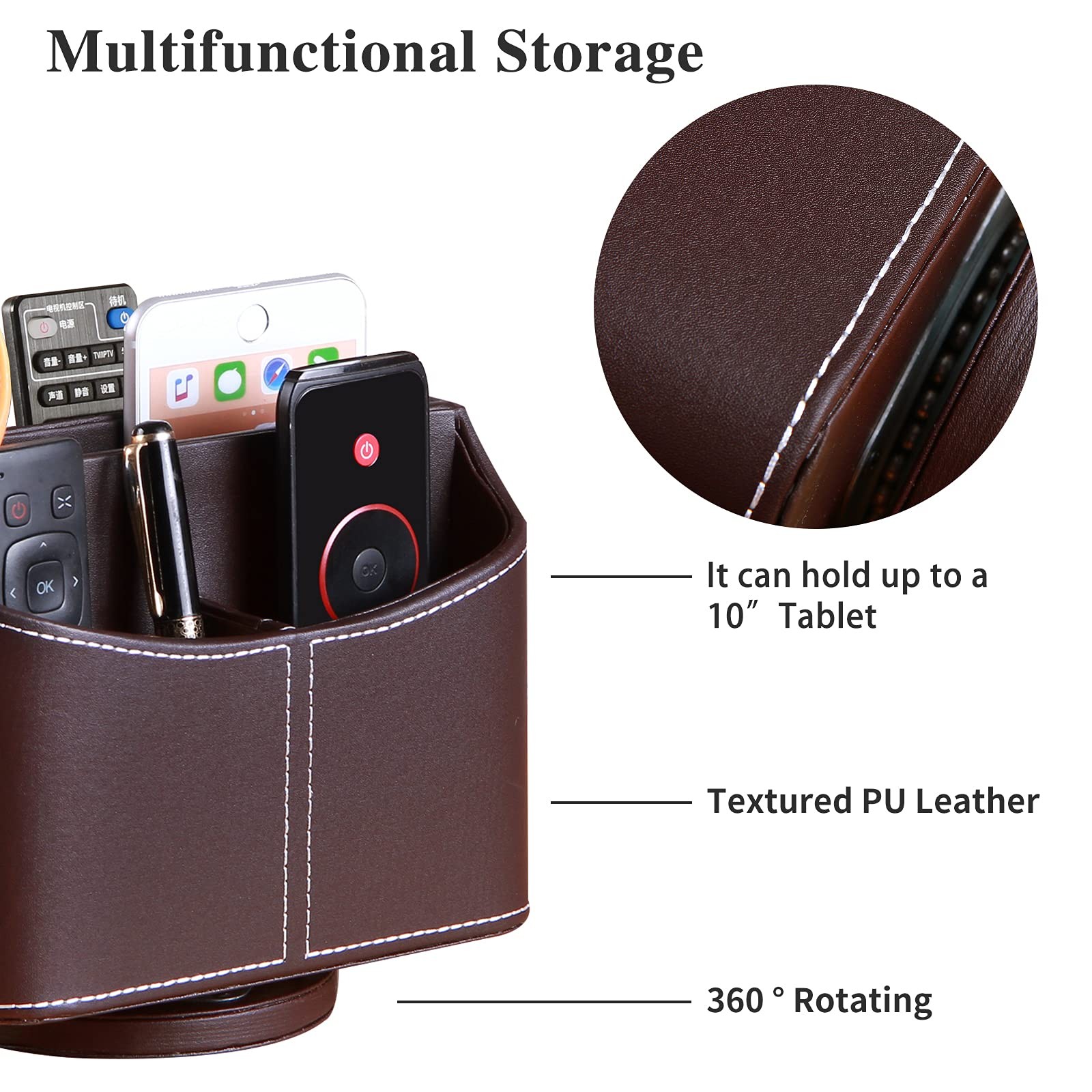 Leather Remote Control Holder 360 Degree Spinning Desk TV Caddy Organizer
