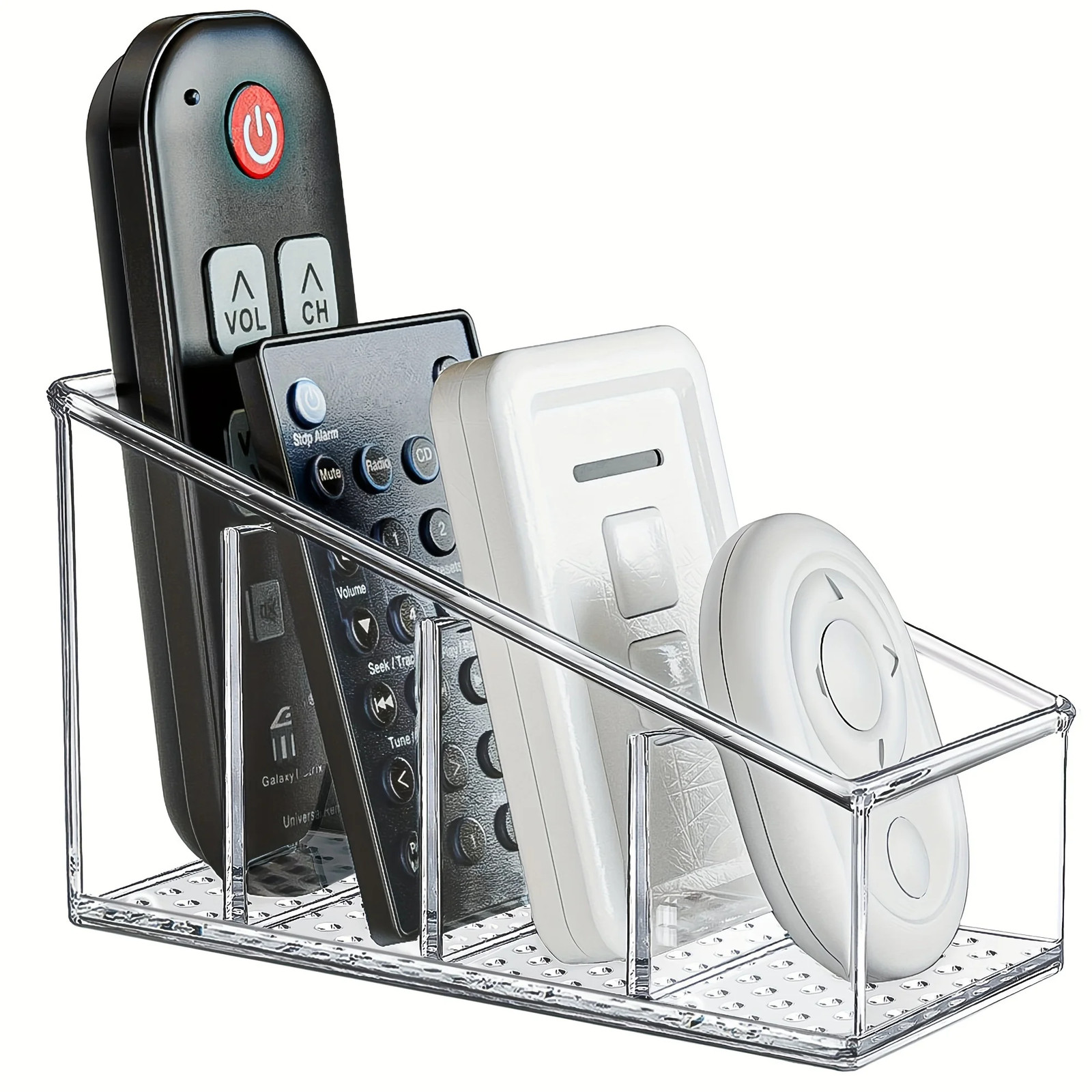 Clear Plastic Remote Control Holder and Desk Organizer with 4 Compartments for
