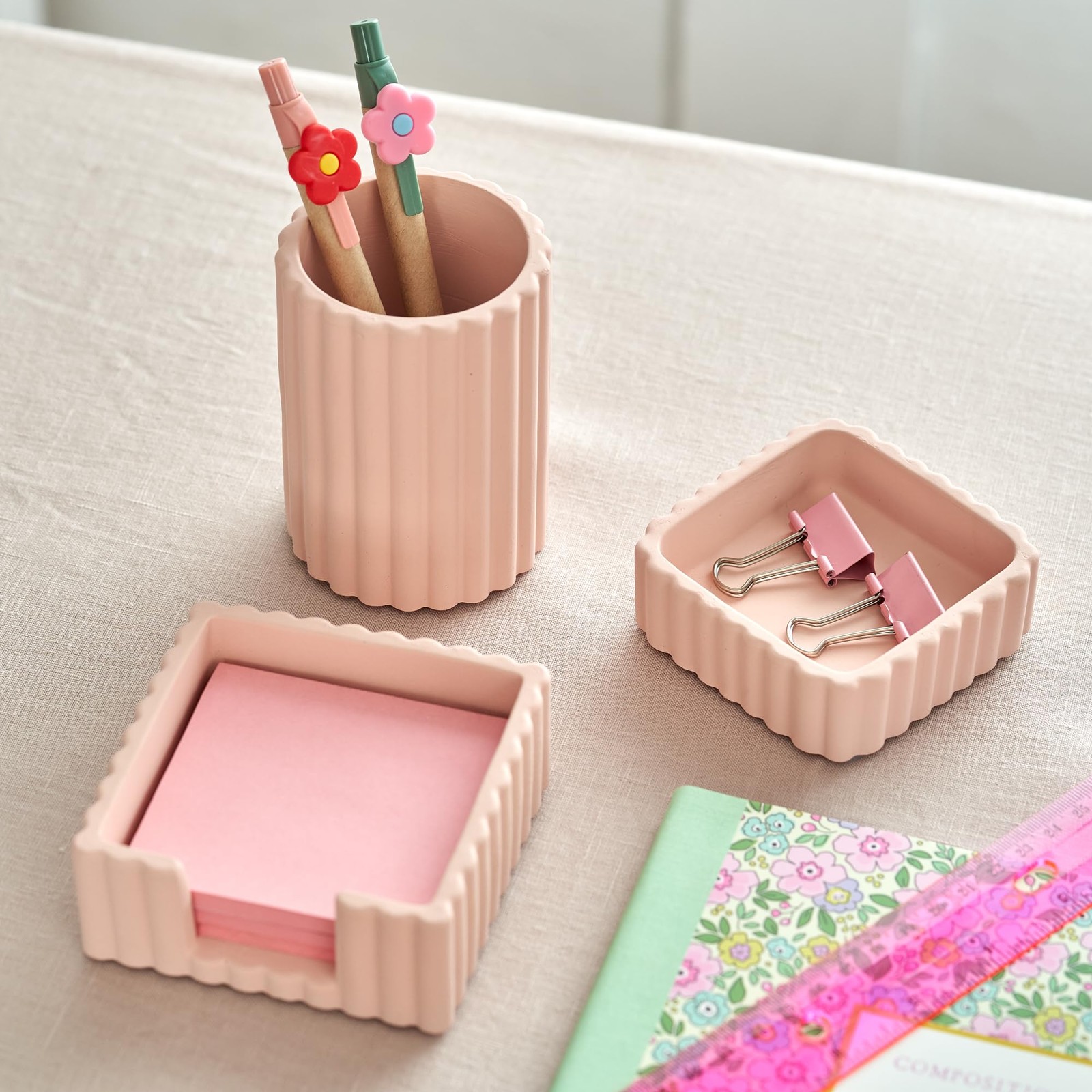 1 Set Modern Aesthetic Pink Concrete Desk Organizers Accessories 3 PCS