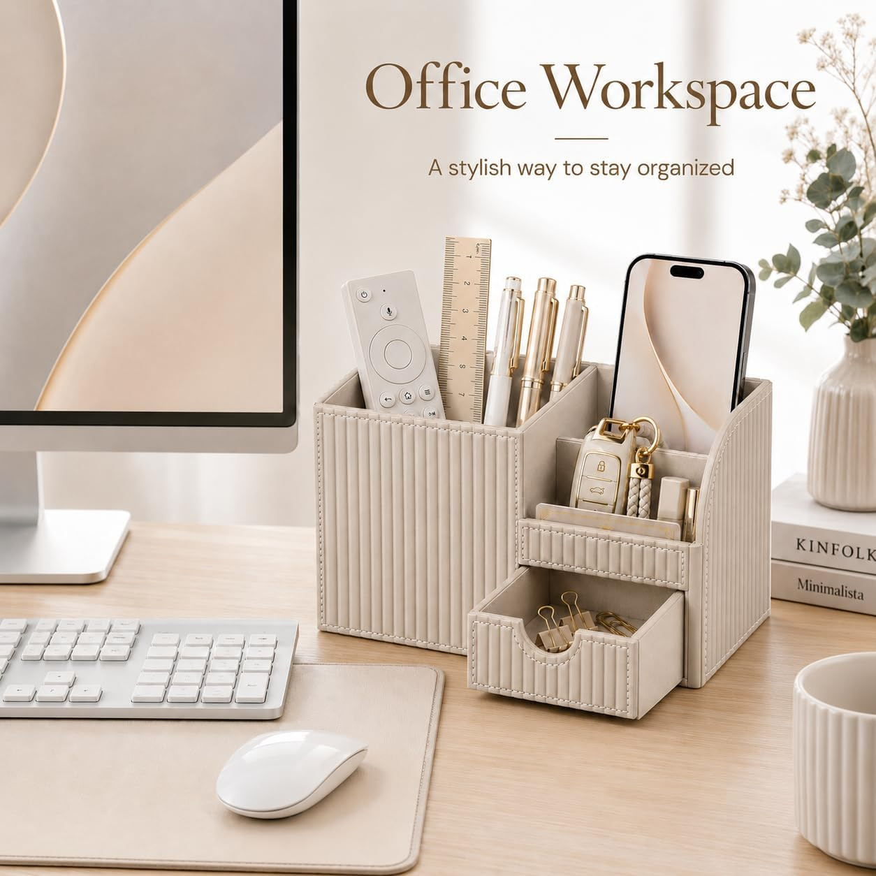 PU Leather Desk Organizer with Drawer Multi Compartment Office Storage Black Set