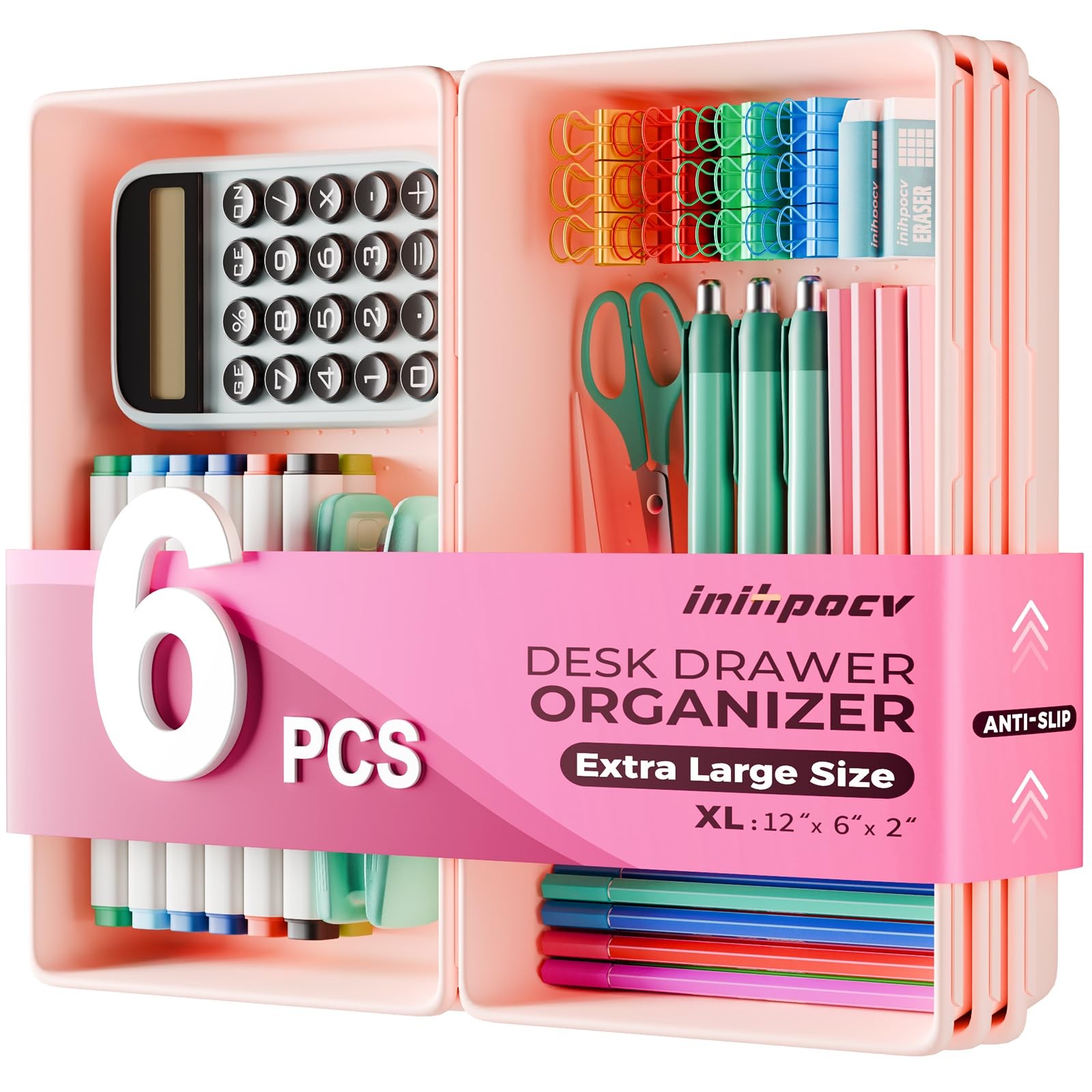 [6 PCS Extra-Large] Pink Drawer Organizer Trays with Non-Slip Pads, Interlock…