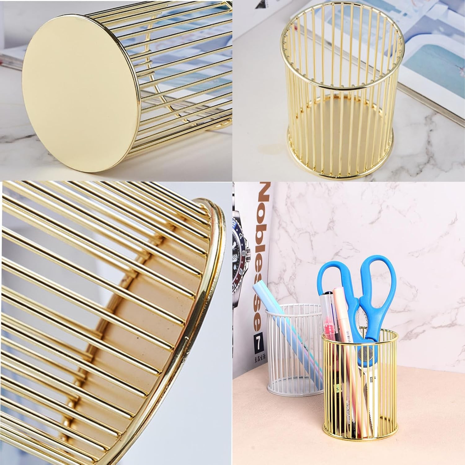 Gold Metal Pen Holder Cup for Desk Makeup Brushes Pencil Holders Home Office Org