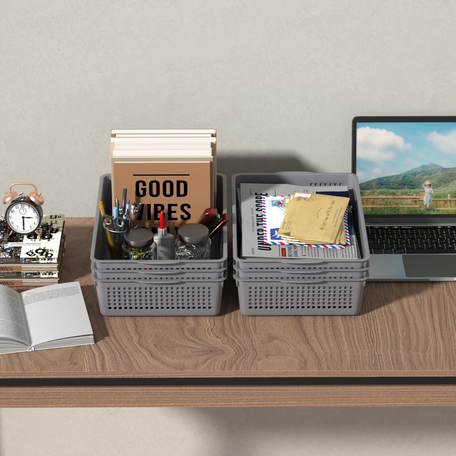 Nicesh A4 Size Plastic Basket, Desktop File Storage Organization Tray, Grey