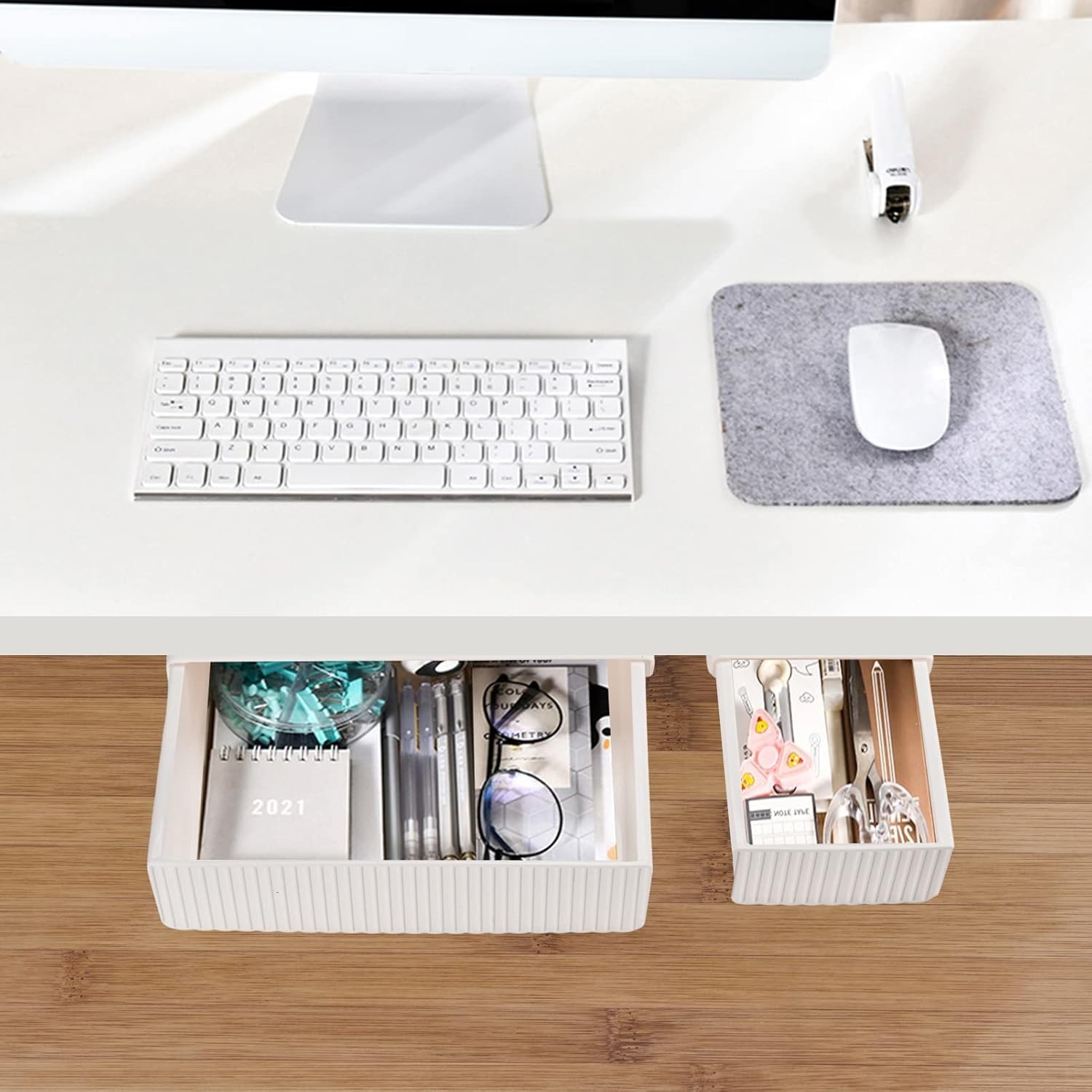 Under Desk Drawer Set – Self-Adhesive, Slide-Out, & Polished White Clean Design