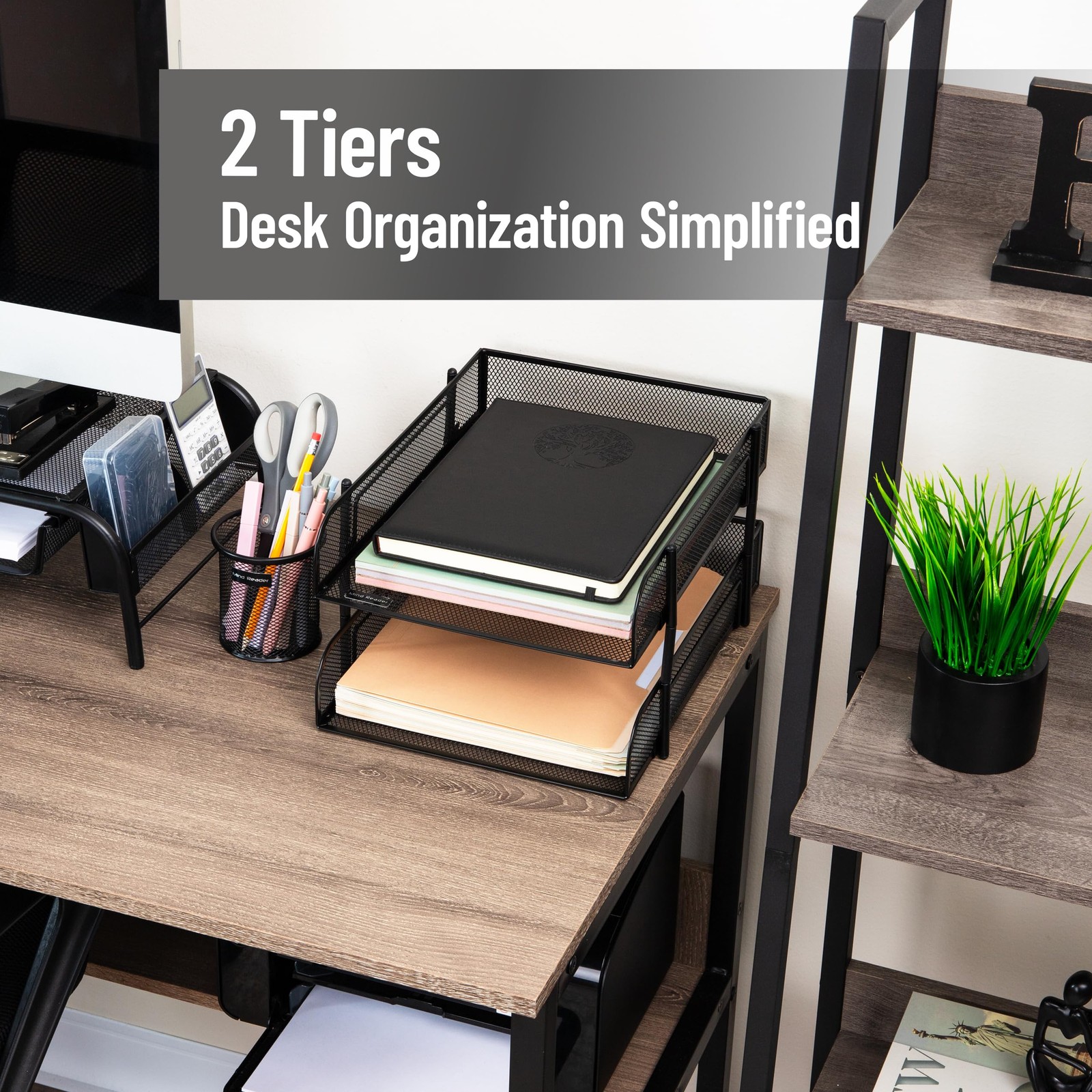 Black 2-Tier Stackable Paper Tray, Metal Mesh Organizer, 10.5×13.25in
