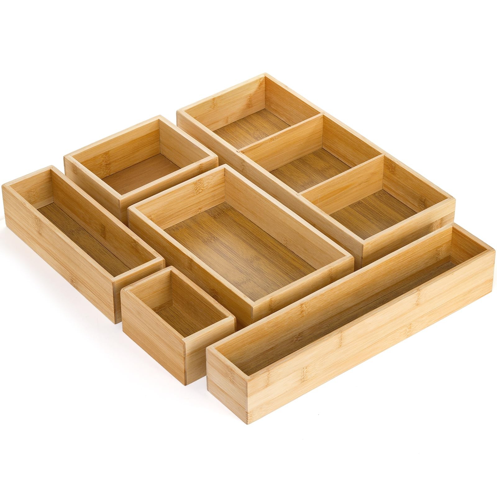 Youeon Set of 6 Bamboo Drawer Organizer Storage Box, Adjustable Natural