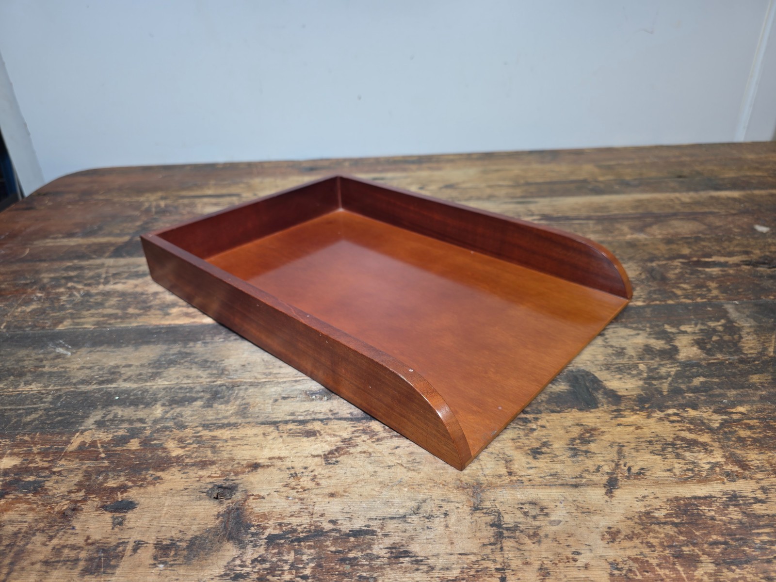 Vintage Wood Single Letter Tray Desk Organizer Mid Century Modern Rustic Style