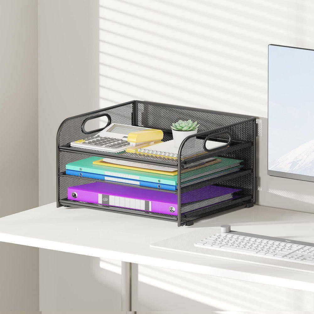 7.5 In. X 12.6 In. 3 Tier Paper Organizer with Handle, Metal Mesh Desk Organizer