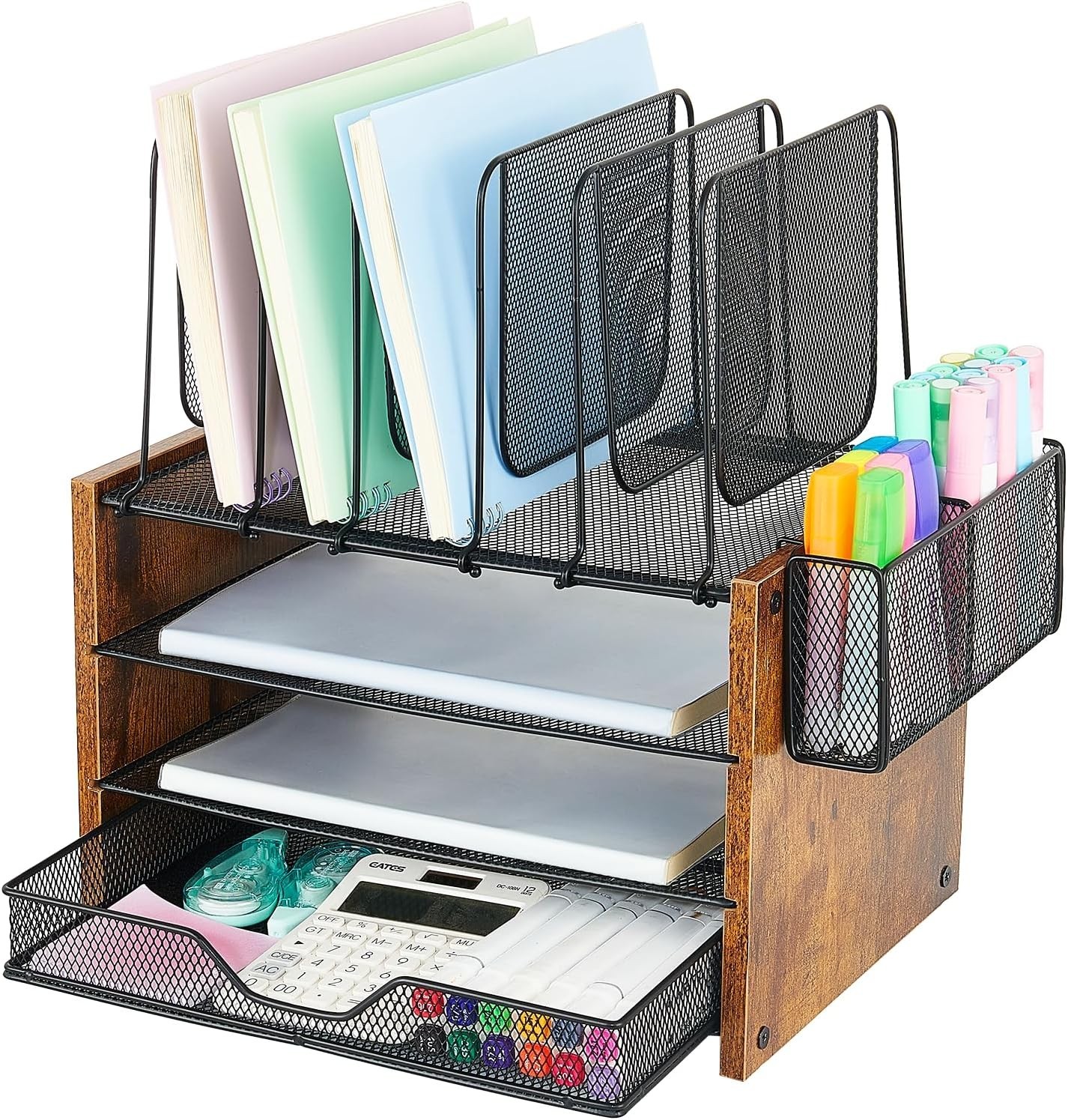 Desk Organizer, 4-Tier Desktop File Organizer with Drawer and 2 Pen Holders, …