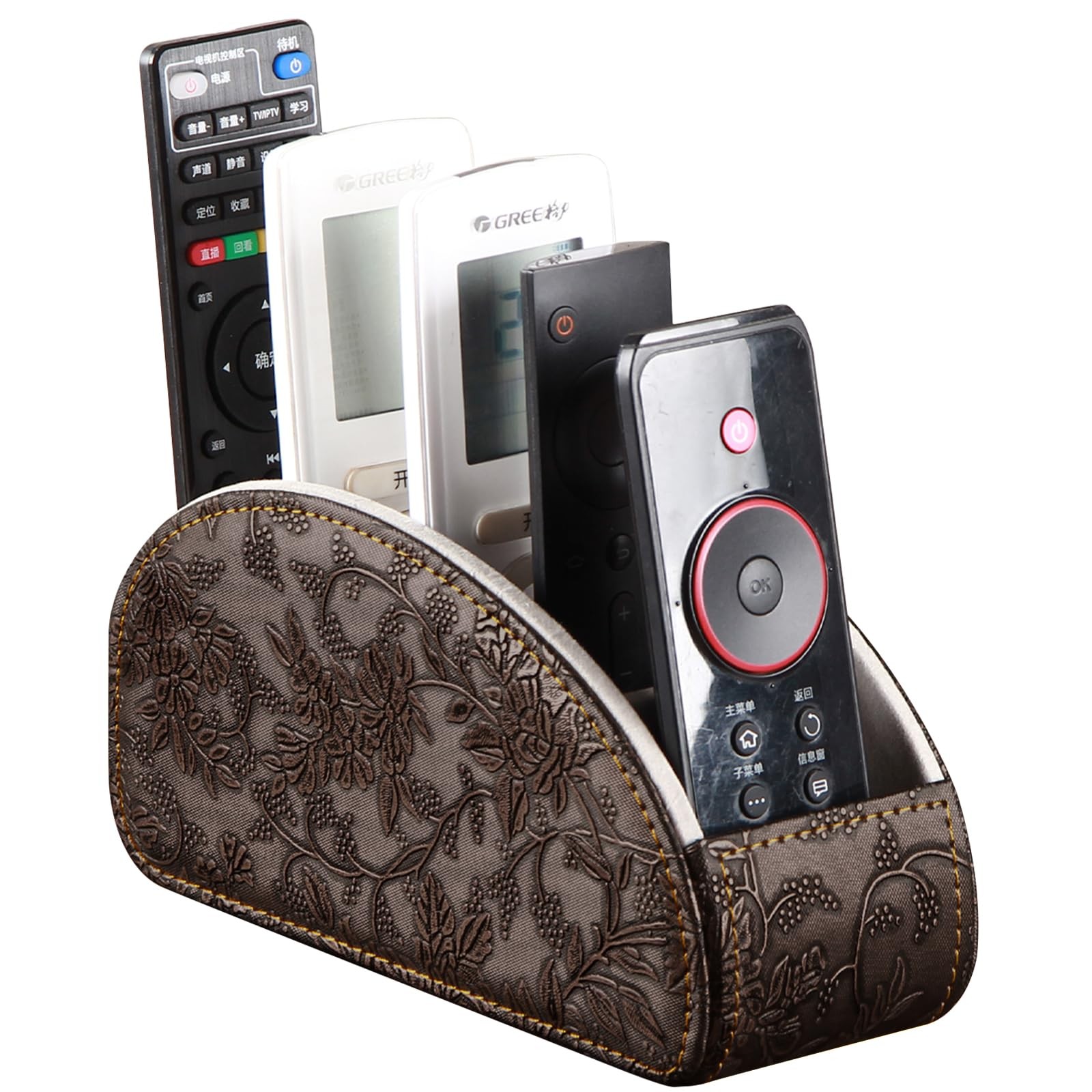 Brown Leather TV Remote Holder with 5 Compartments Desktop Caddy Organizer