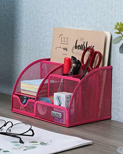 EasyPAG Mesh Office Desk Organizer 6 Compartments with Drawer,Pink