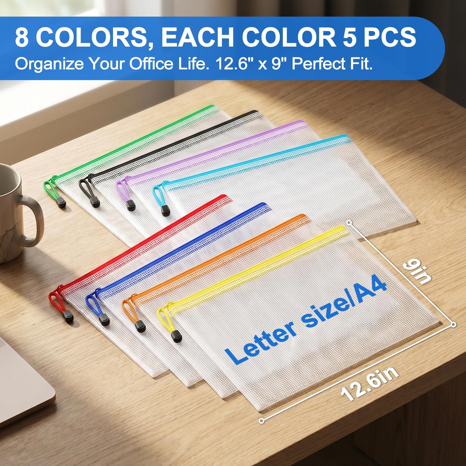 40 PCS A4 Letter Size Mesh Zipper Pouch Bags Waterproof File Folders 8 Colors