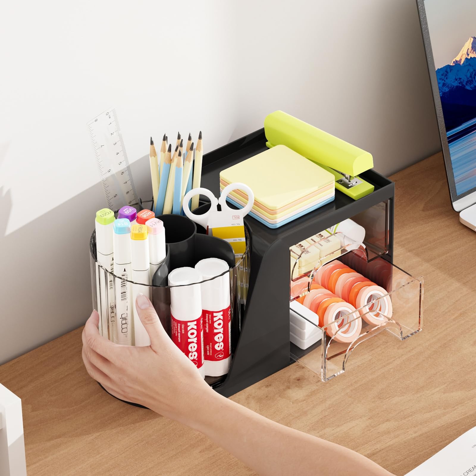 Marbrasse Desk Organizer with 2 Drawer, 360°Rotating Pen Holder, Desk Organiz…