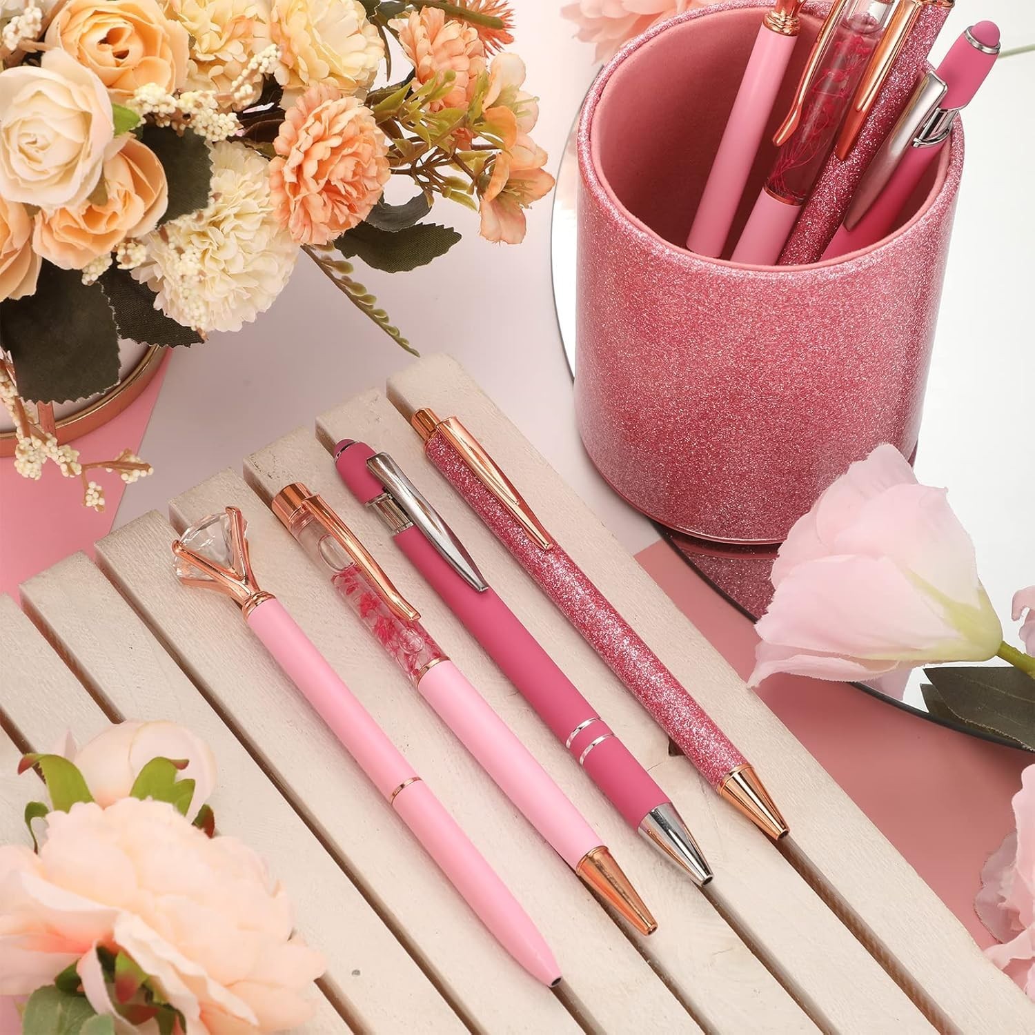Chic Pink Pen Organizer with 8 Bling Ballpoint Pens – Ideal for School & Office