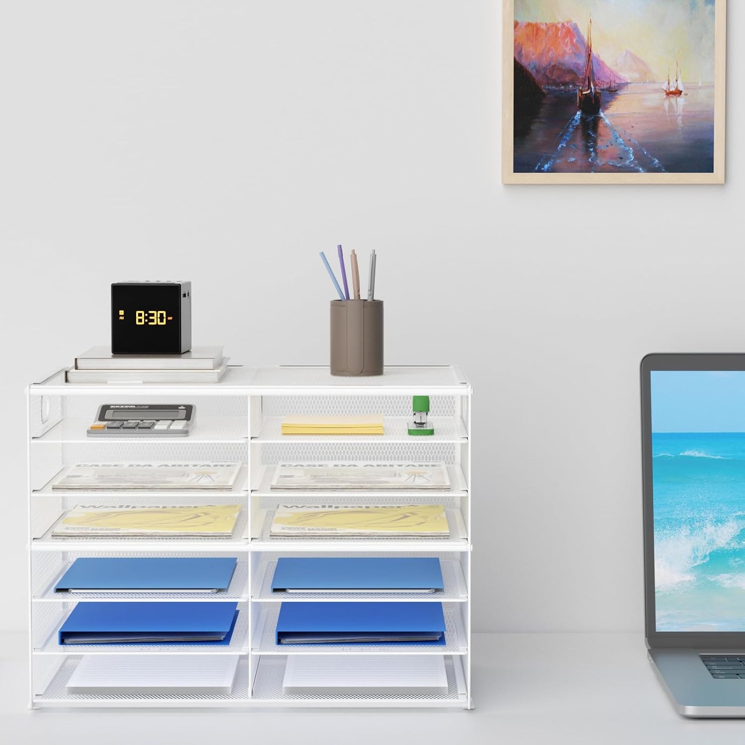 12 Compartments Paper Organizer for Desk, Mesh Literature Organizer, Mail File