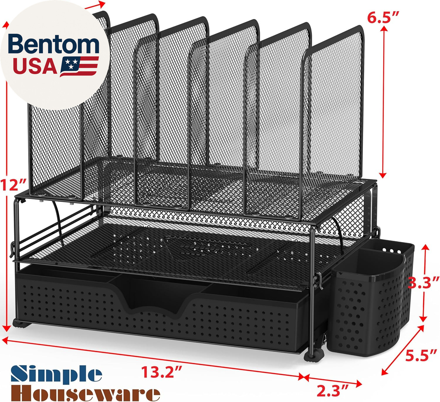 Mesh Desk Organizer with Sliding Drawer, Double Tray and 5 Upright Sections, Bla