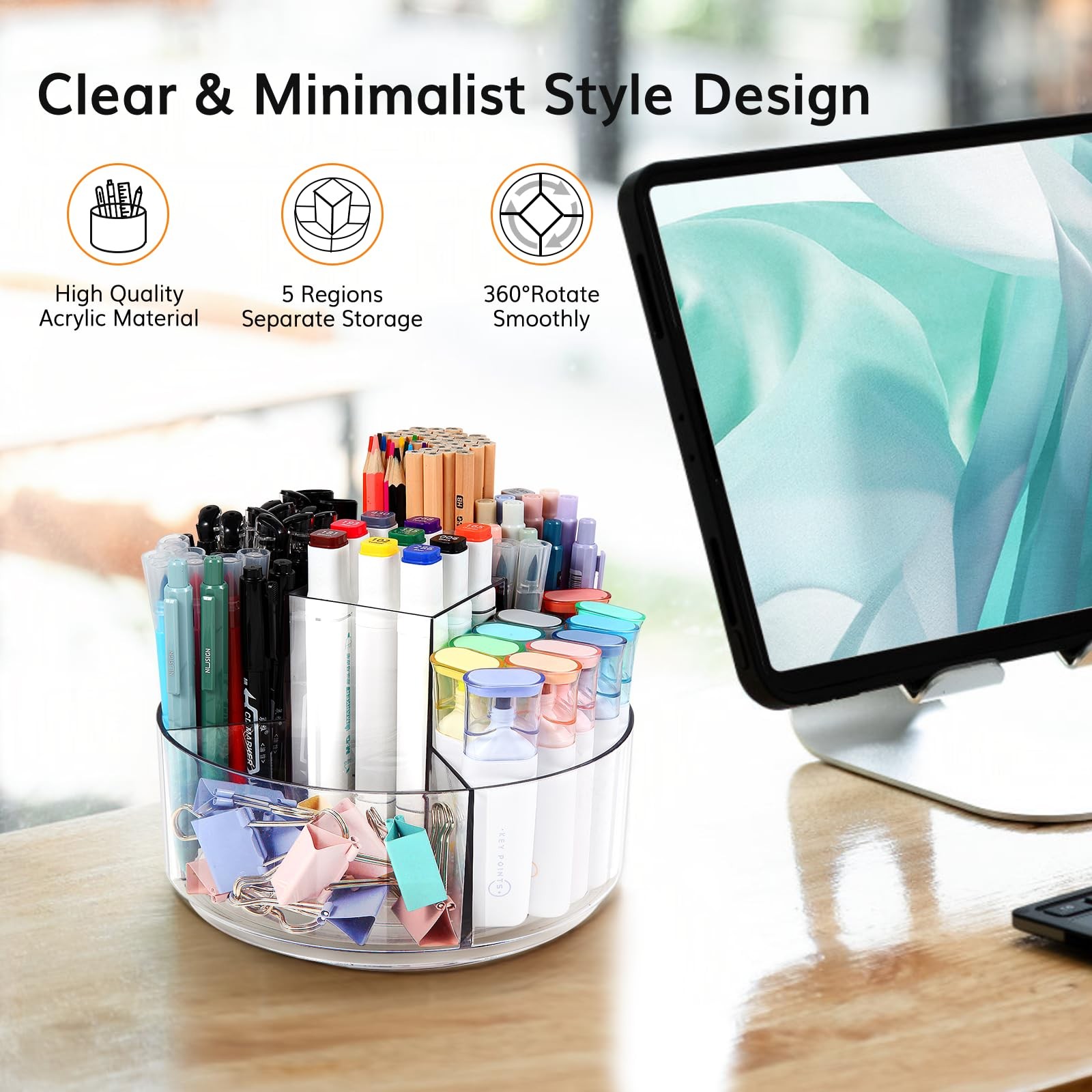Rotating Pencil Holder for Desk, 5 Slots 360-Degree Spinning Acrylic Pen Hold…