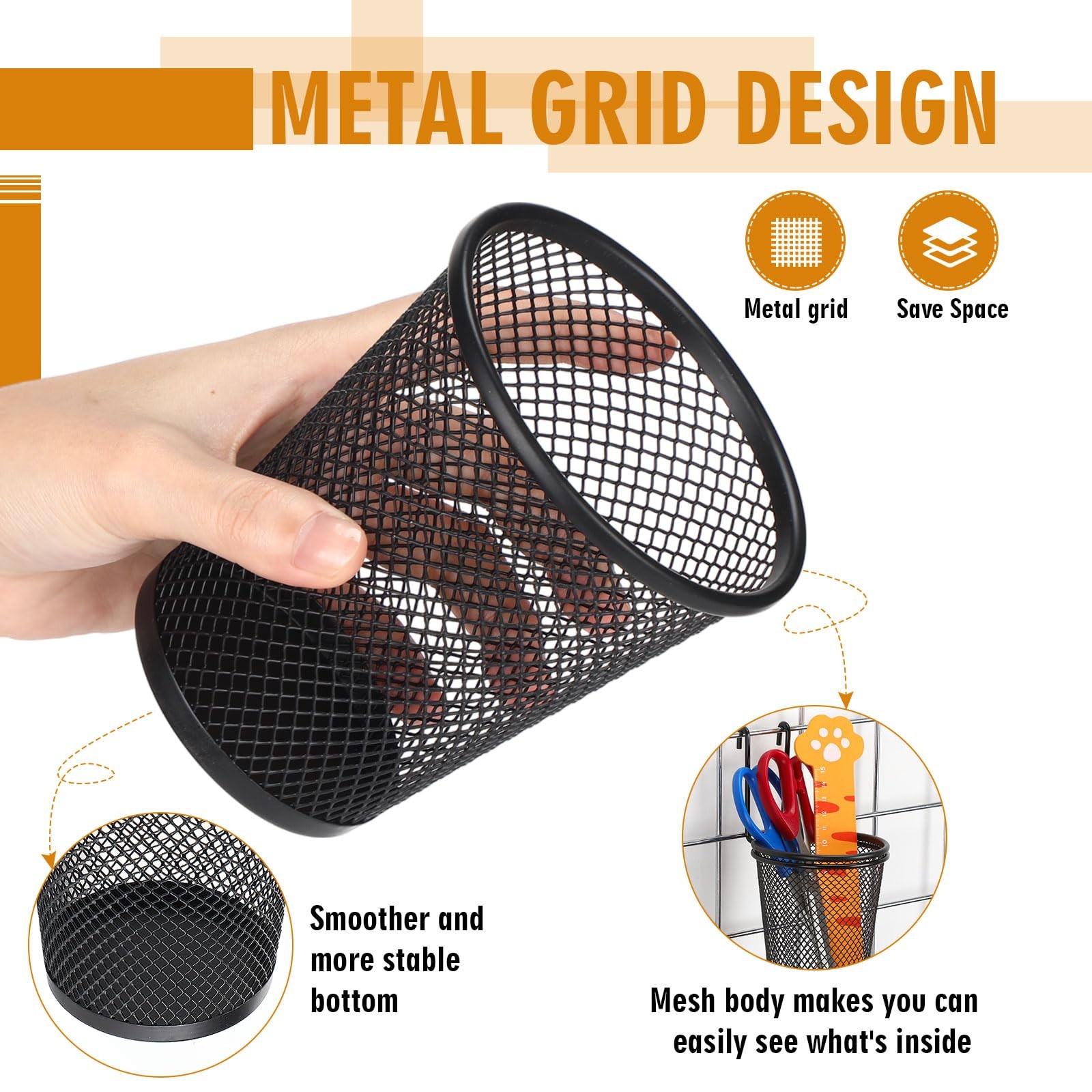 6 Sets Grid Wall Cups with Ring Hooks, hanging pencil holder Wall Mount Wire …
