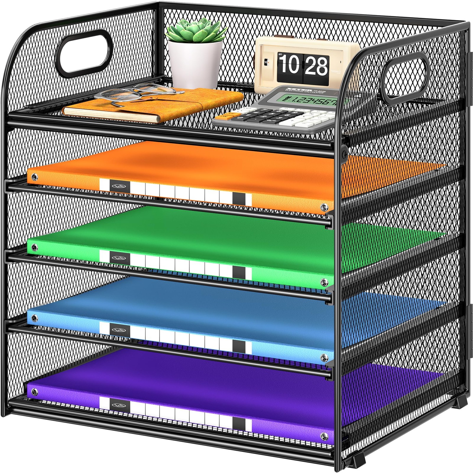 5 Tier Paper Organizer with Handle, Black Metal Mesh Desk Organizer File Fold…