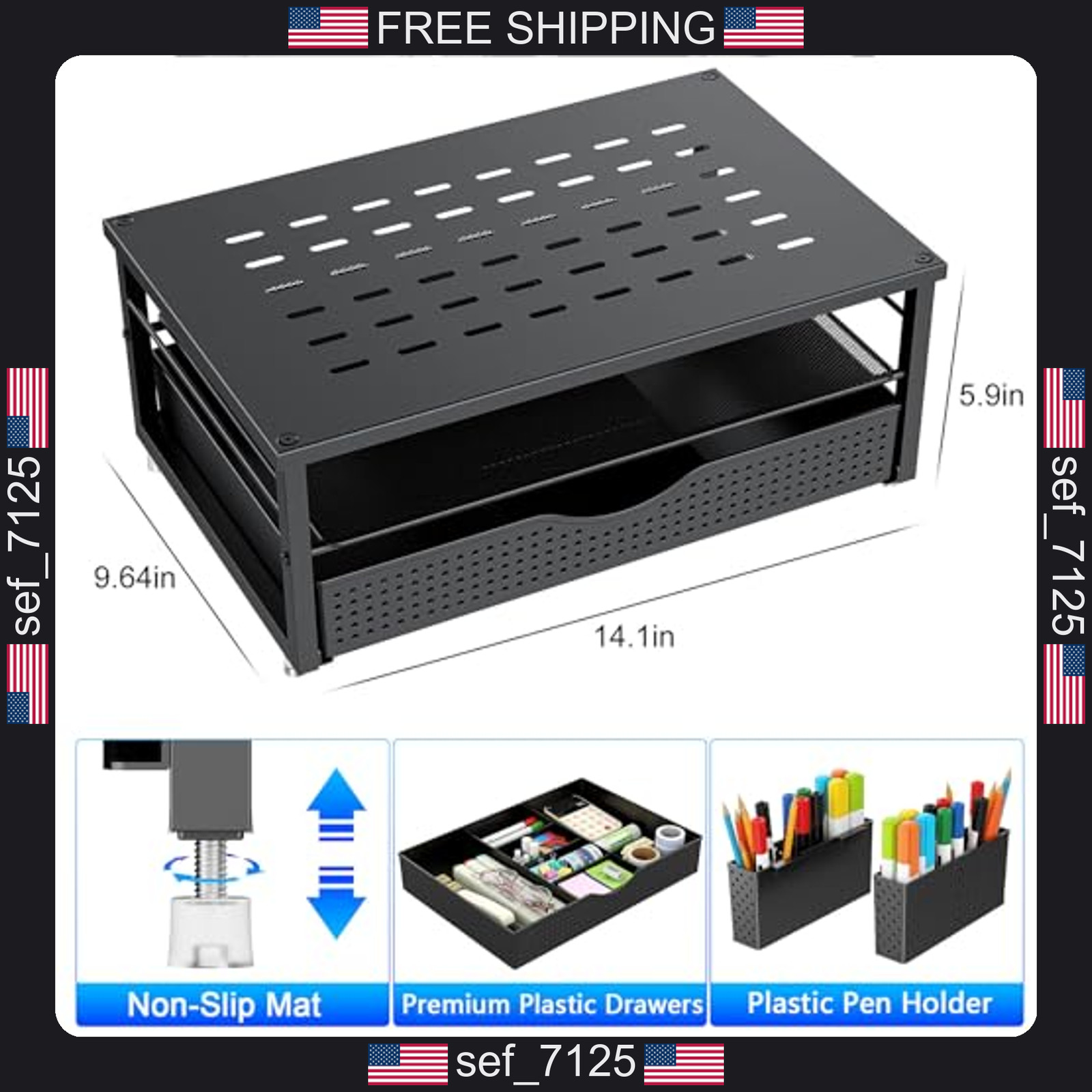 Gianotter desk organizer monitor stand with drawer and pen holders black office