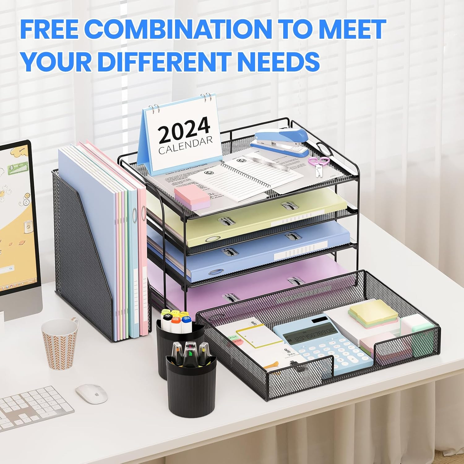 Desk Organizer, 4-Tier Desktop File Organizer with Drawer and 2 Pen Holders, Off