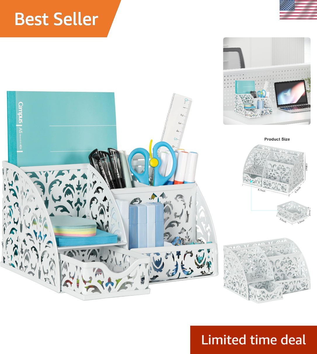 Versatile Desktop Organizer with Sliding Drawer & 6 Compartments for Elegance