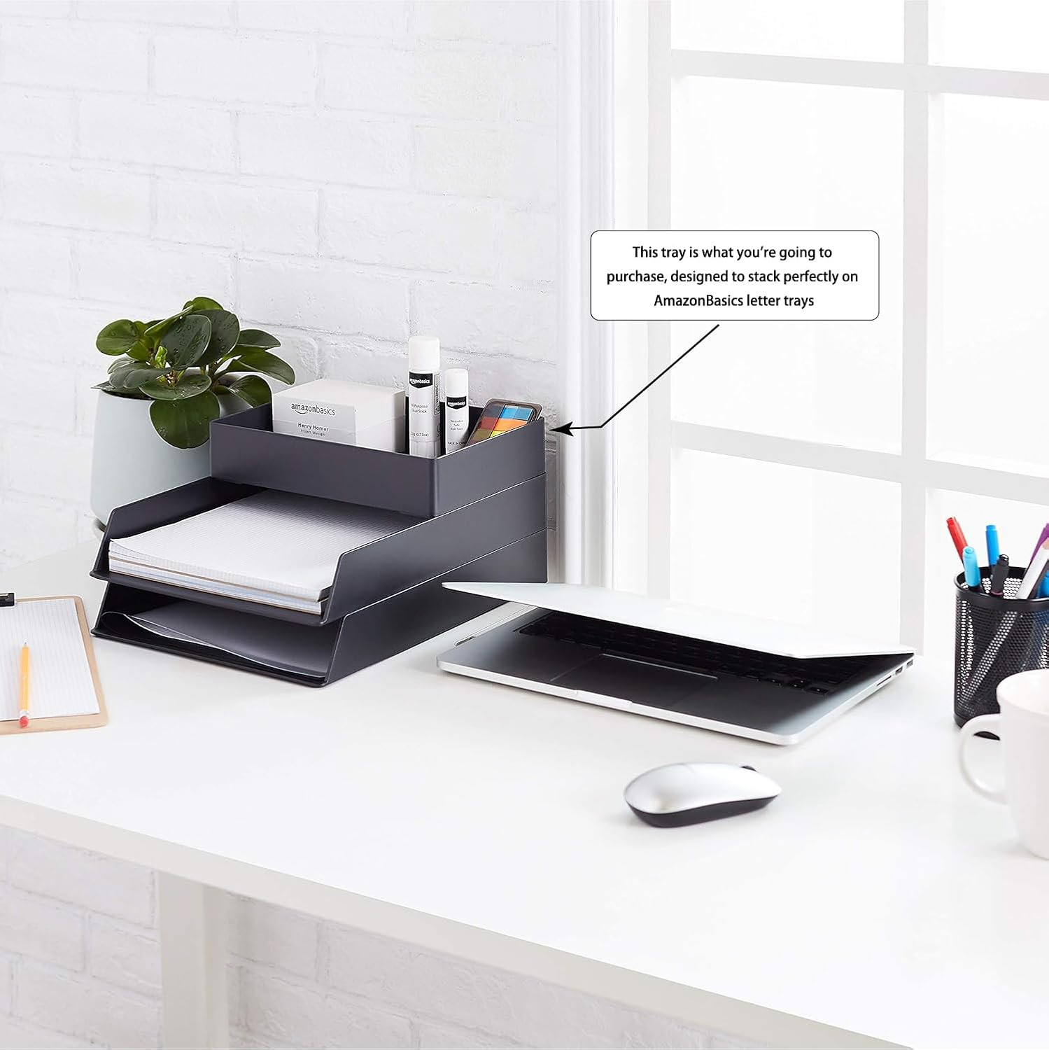 Amazon Basics Rectangular Plastic Desk Organizer with Storage Trays, Accessory T