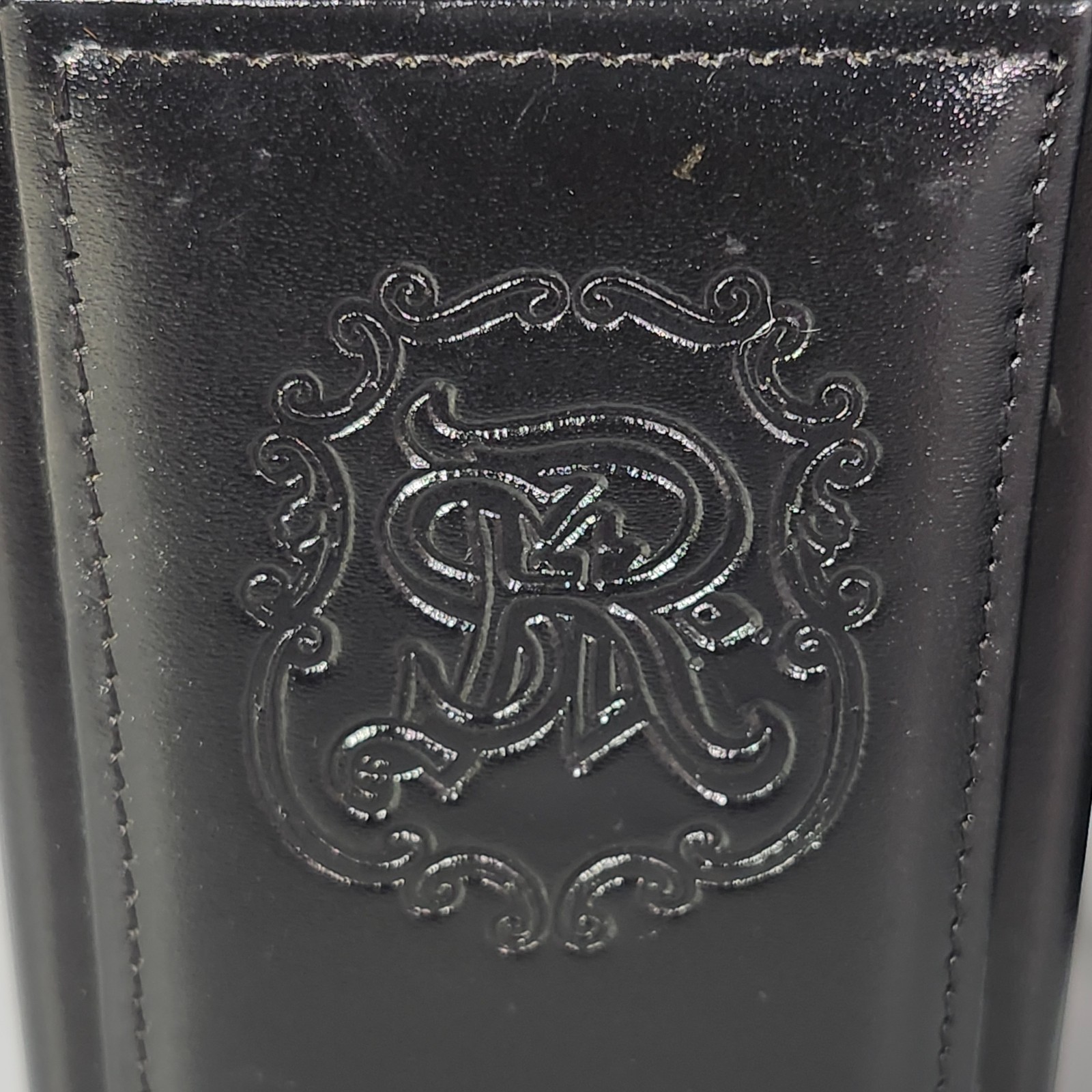 Black Leather Pencil Pen Cup Holder Pair Executive Desk Horse Crest Embroidery