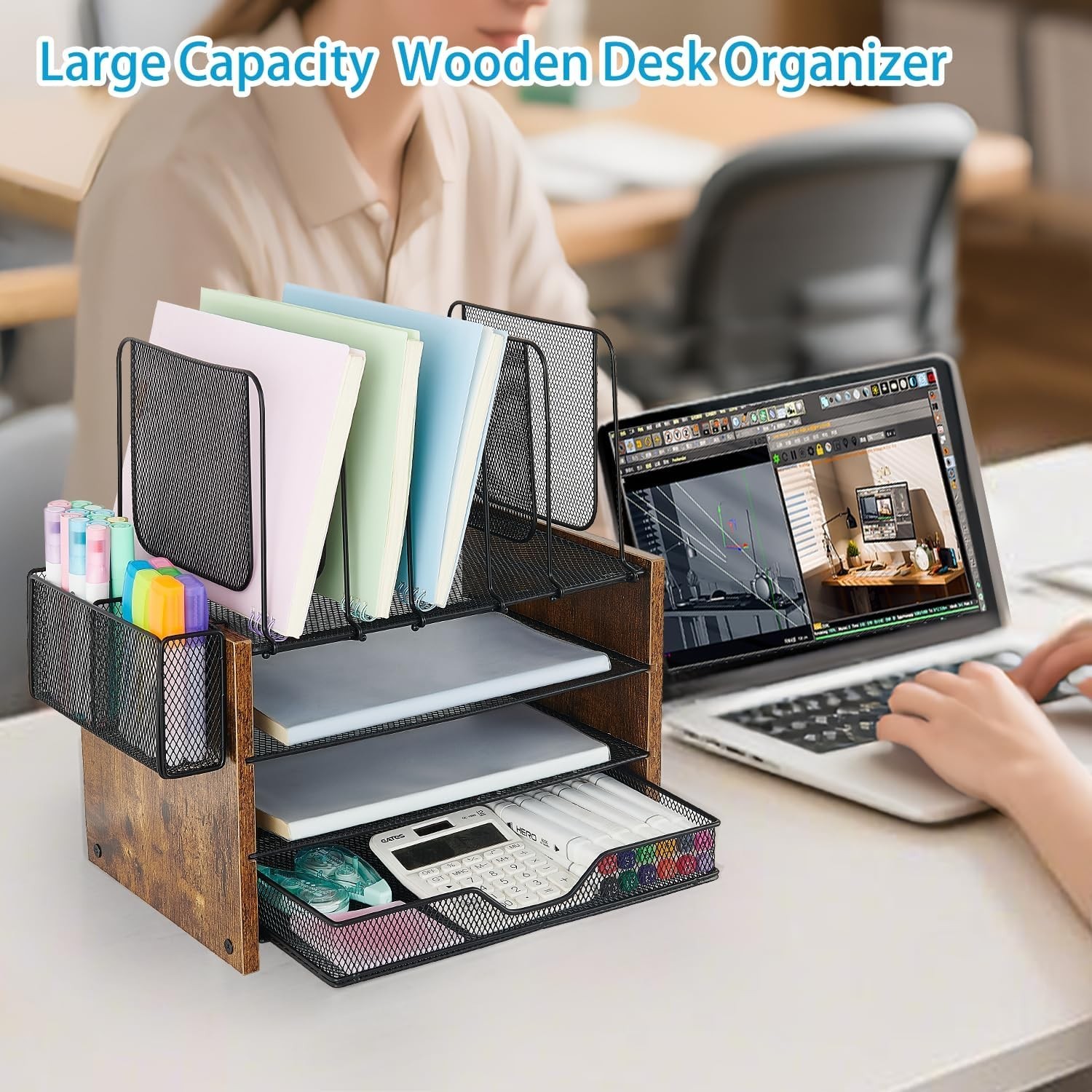Desk Organizer, 4-Tier Desktop File Organizer with Drawer and 2 Pen Holders, …