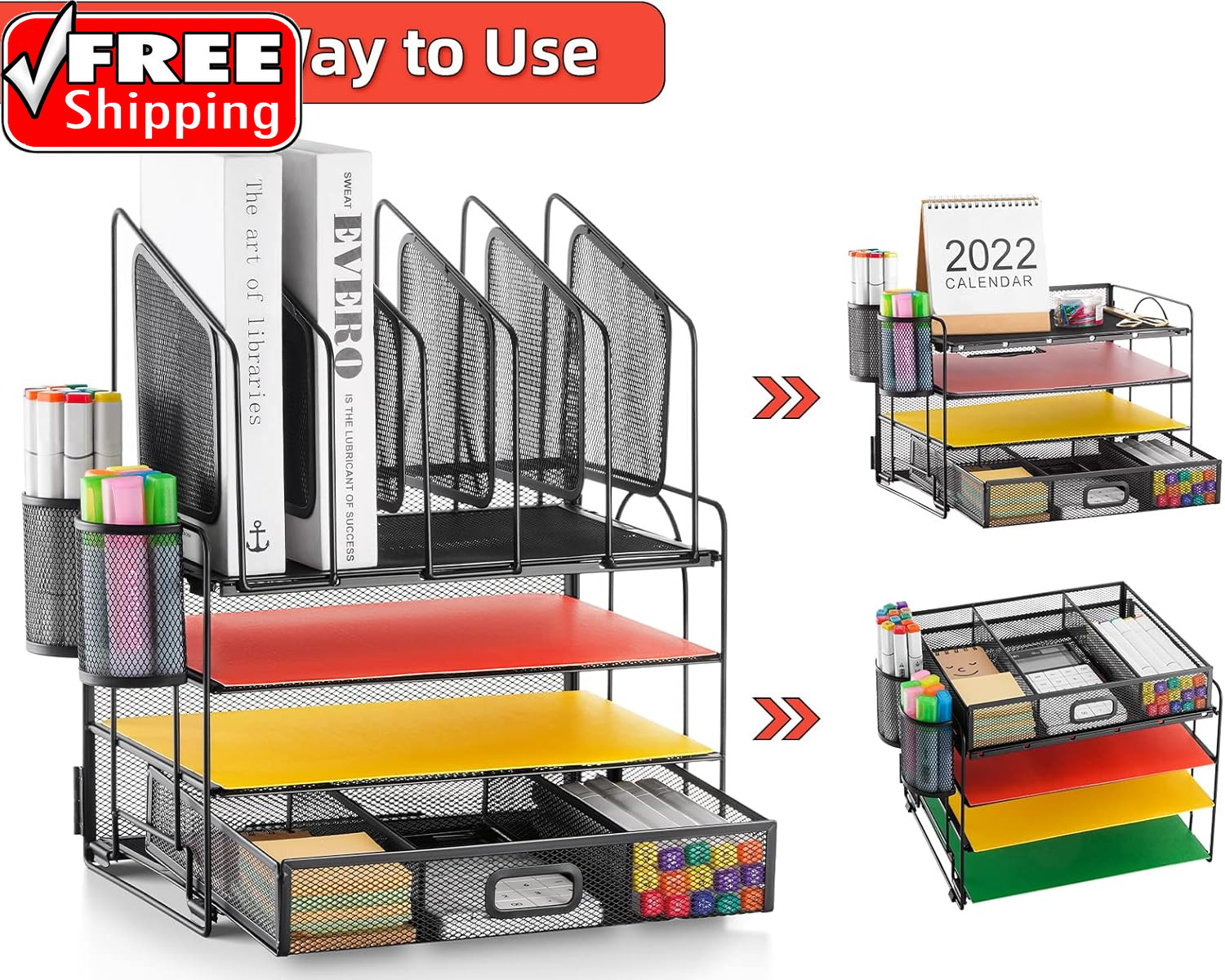 Desk Organizer with Drawer, 4-Tier Mesh File Organizer with 5 Vertical File Hold