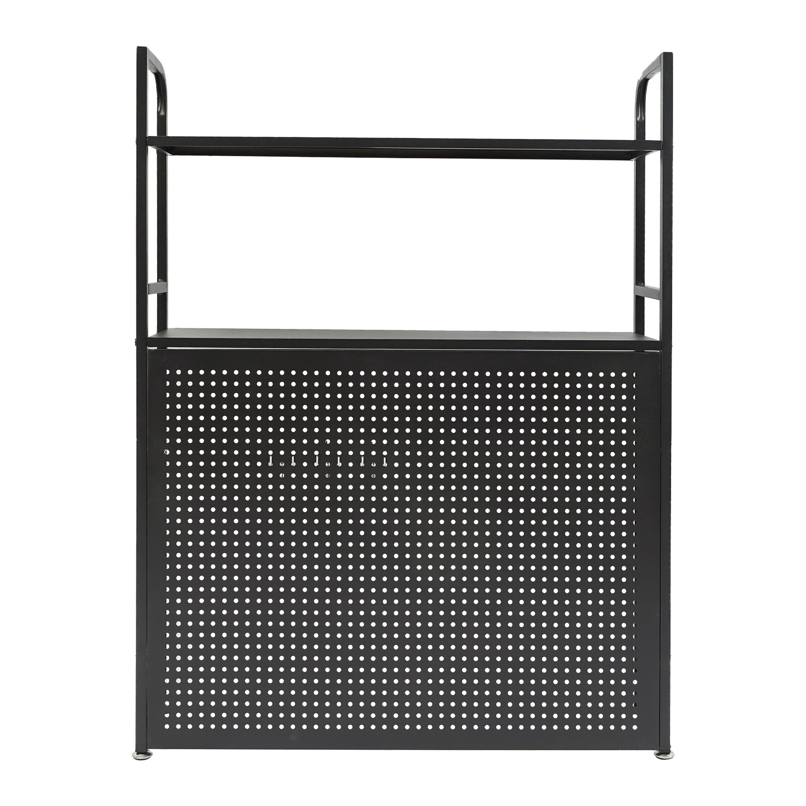 2-Tier Desktop Storage Rack with 3 Hooks, Black Carbon Steel Tabletop Shelf