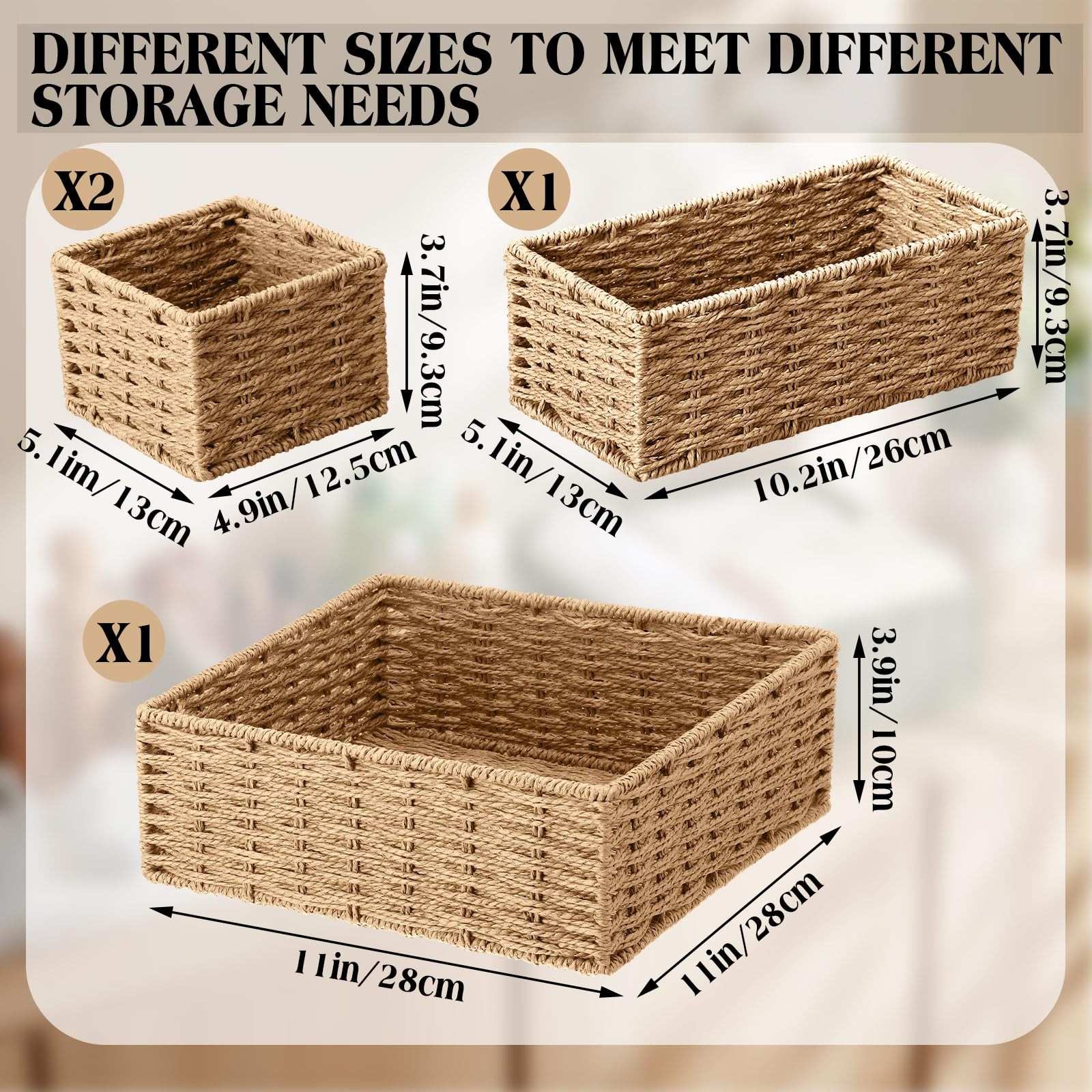 Natural Storage Baskets Set 4 Pack Rustic Paper Rope Woven Basket for Organiz…