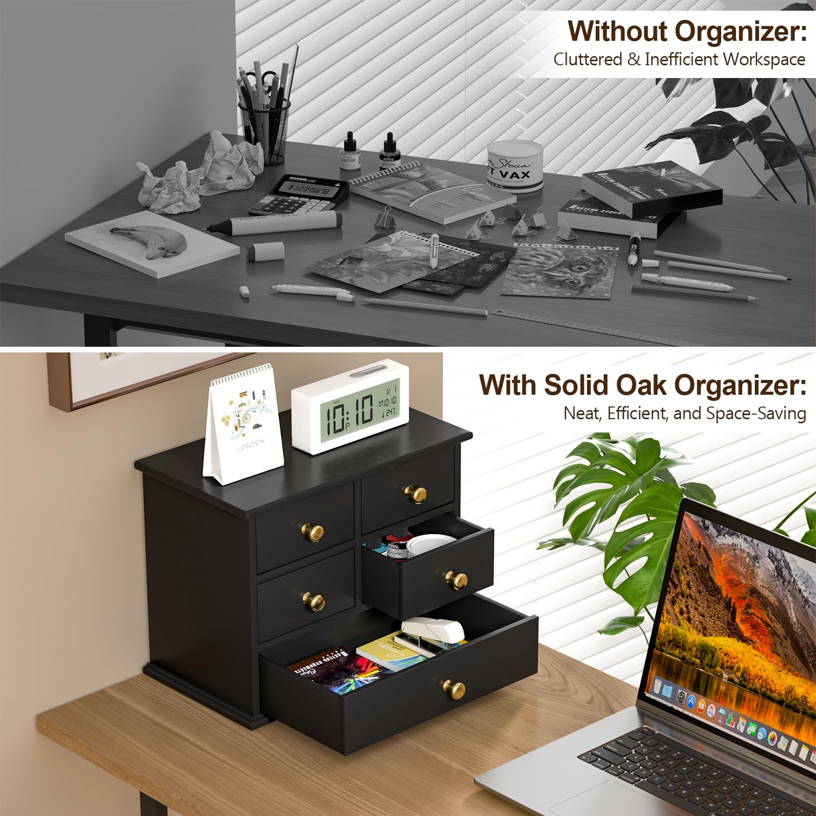 Oak Desk Organizer with Drawers, Durable Wooden Desktop Storage Box with Meta…