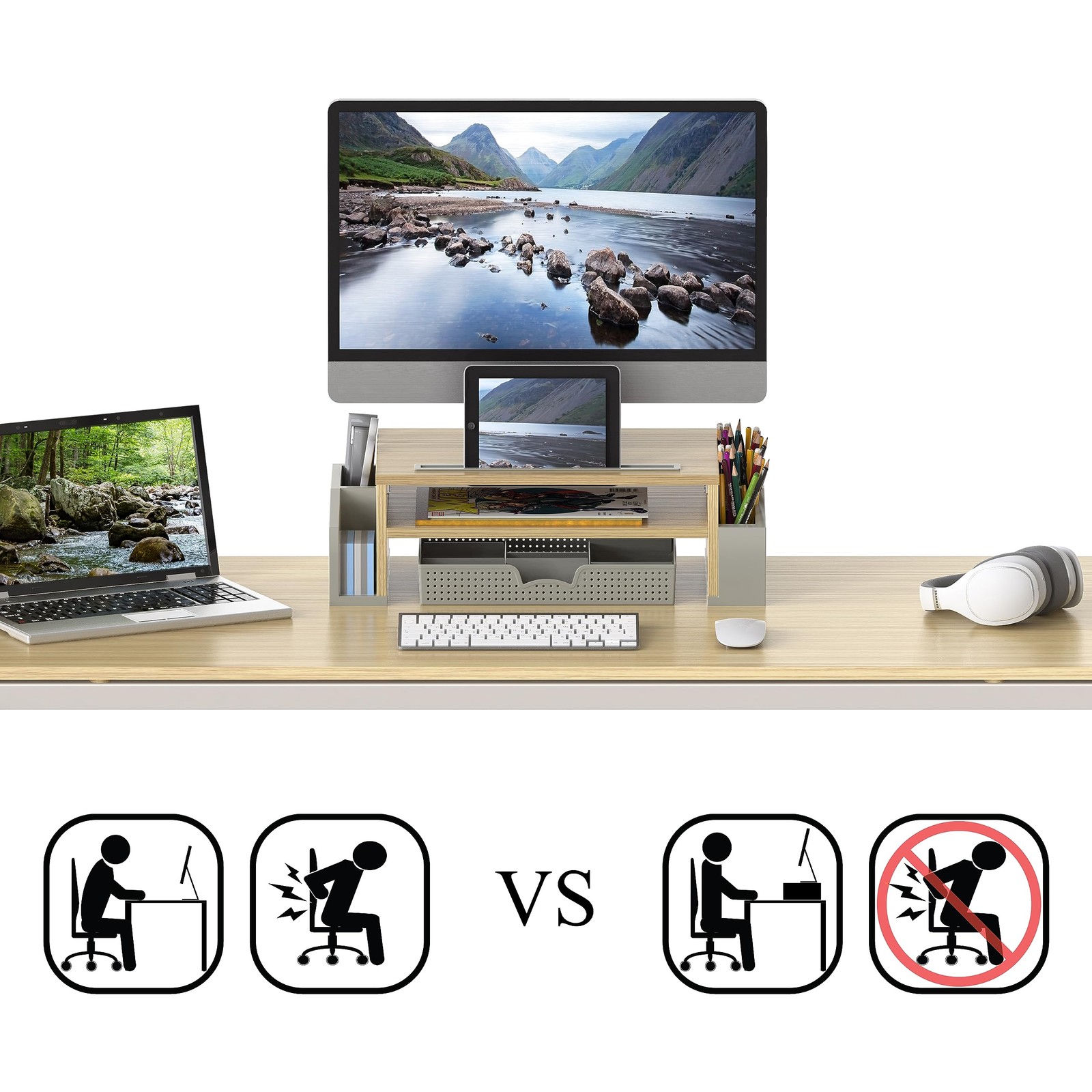 DESK MONITOR STAND Riser with Adjustable Organizer Tray Oak By SIMPLEHOUSEWARE