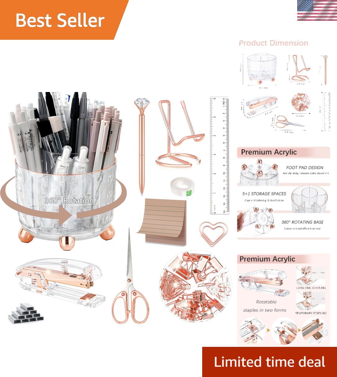 Rose Gold Desk Accessories, Office Supplies Desk Organizers 360°Pen Holder Ac…