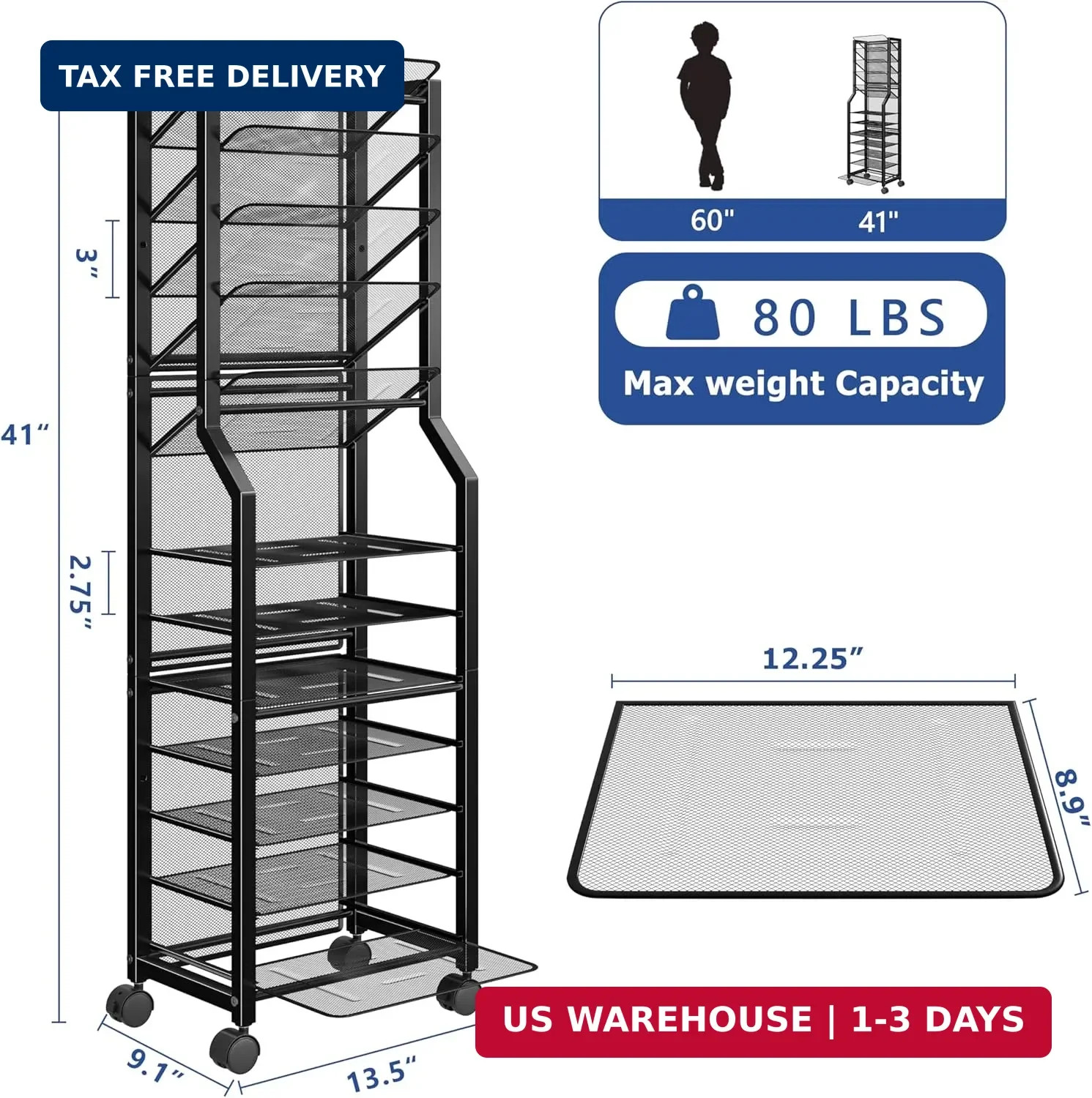 Simple Trending 12 Tier Rolling File Cart, Desk File Organizer with Sliding Tray