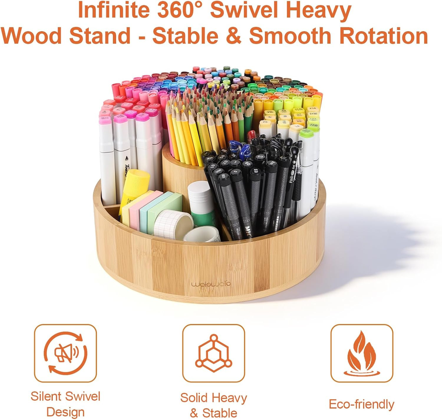 Marker Organizer Rotating Bamboo Desk Organizer, Silent 360° Rotation Caddy, 10