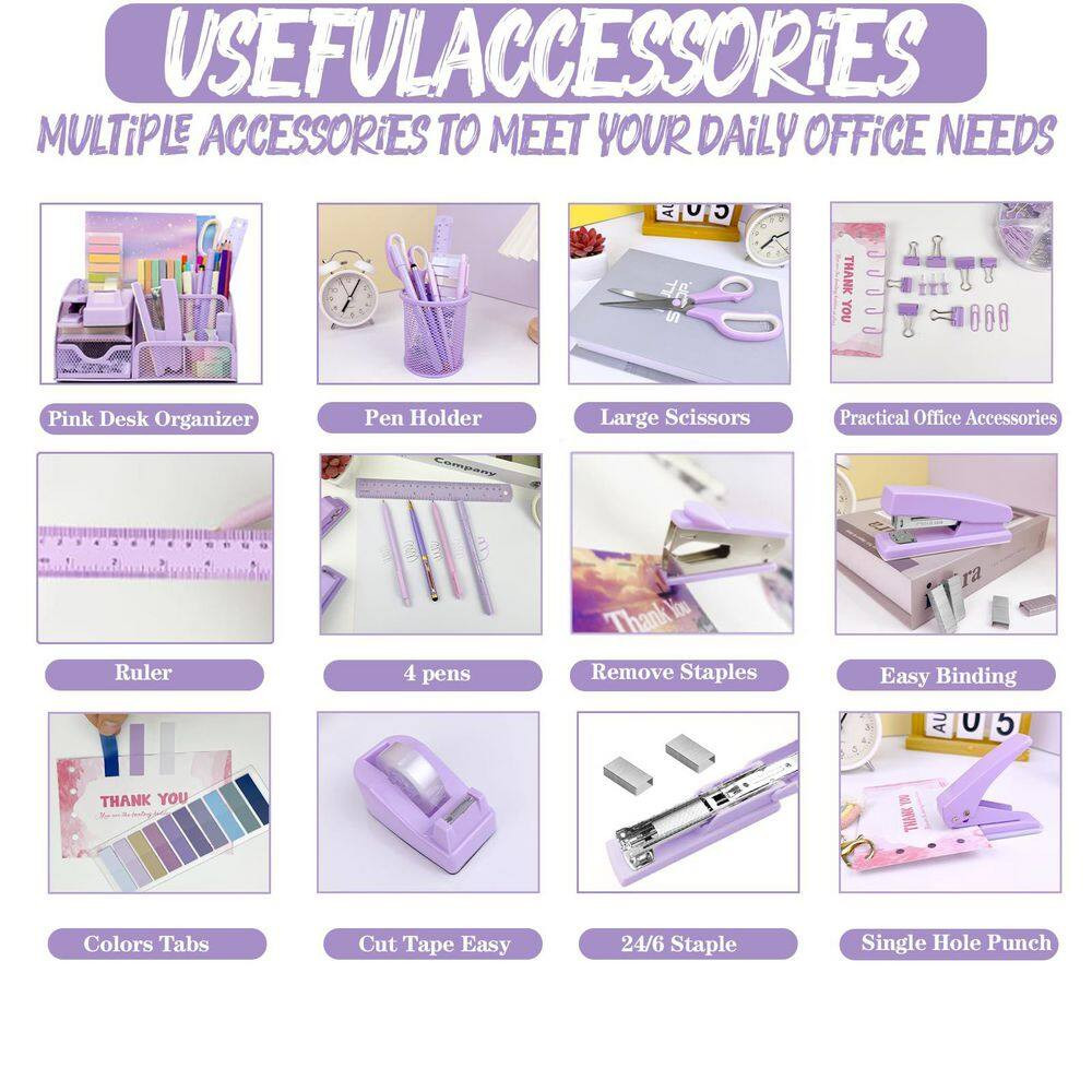 17-Pieces Purple Office Desk Accessories Set Mesh Organizer Stapler Tape Dispens