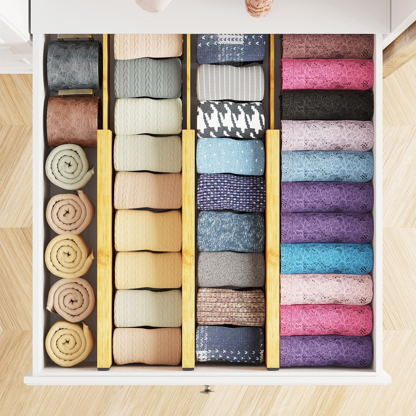 SpaceAid Bamboo Dresser Drawer Dividers 6 4.65”H, 12.5”-17”L, NATURAL